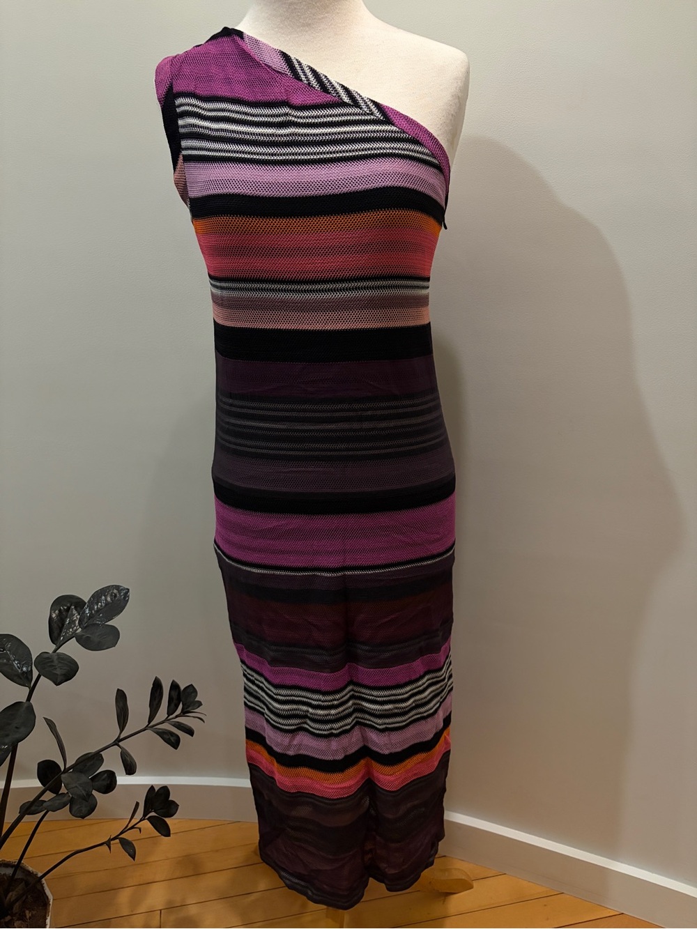 NWT Missoni One-Shoulder Striped Maxi Dress in Pink, Black and Orange -38